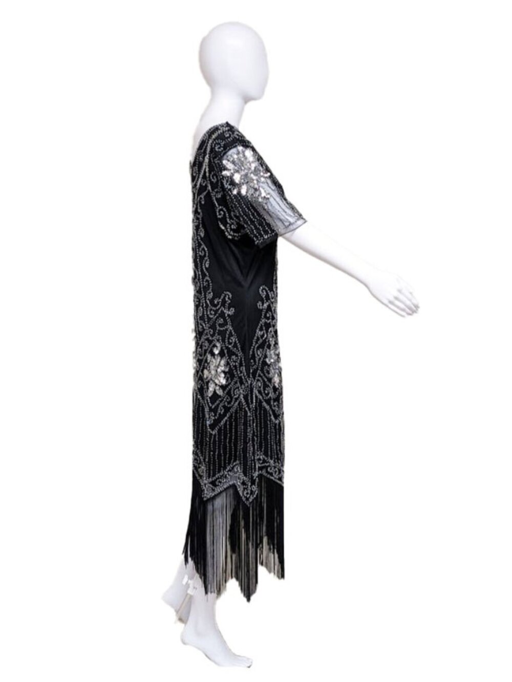 BABEYOND Black Flapper Fringe Dress with Silver Beading and Sequins - Picture 4 of 6